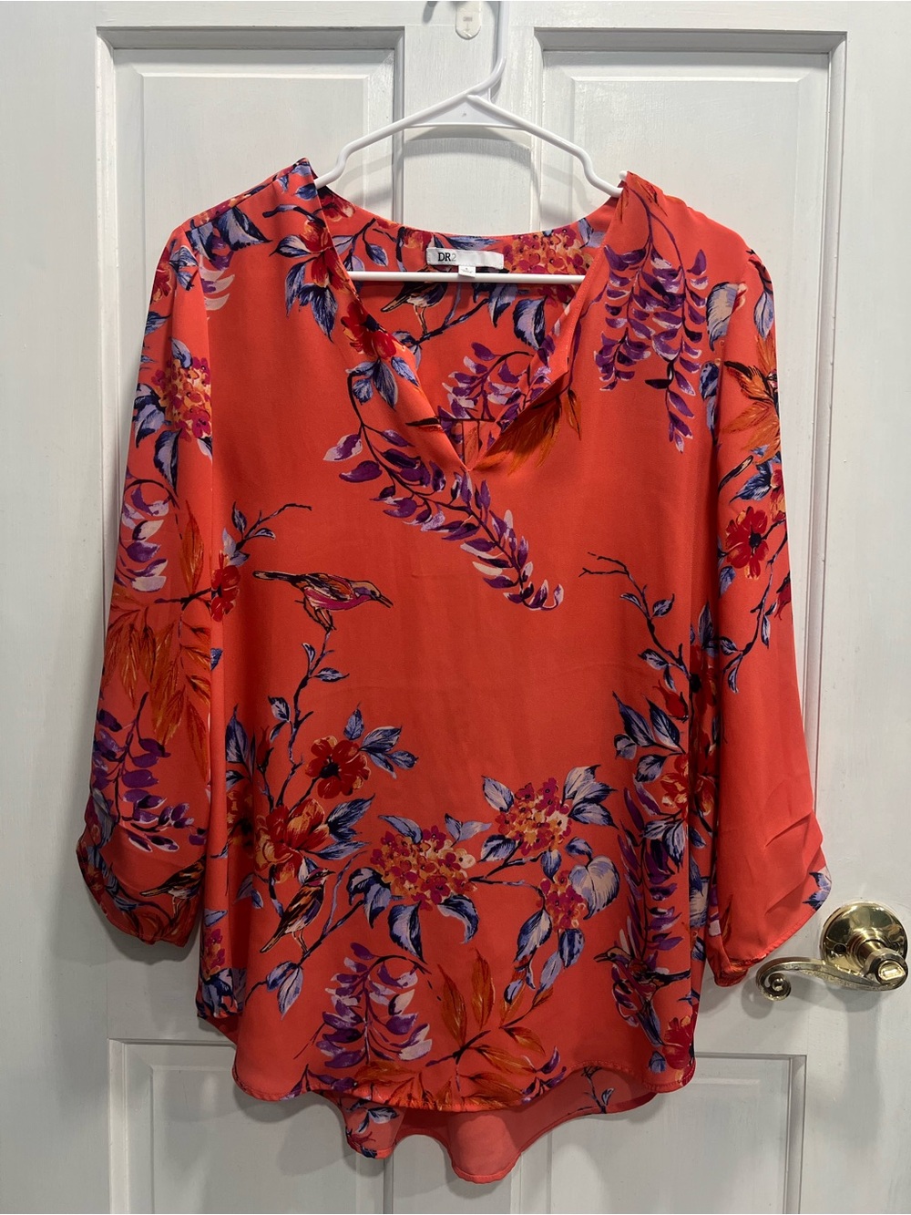 DR2 Coral Floral Long Sleeve Split Neck Lightweight Boho Top SIZE LARGE PreLoved